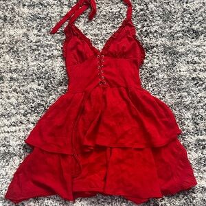 SHEIN Red Ruffled Halter Babydoll Dress